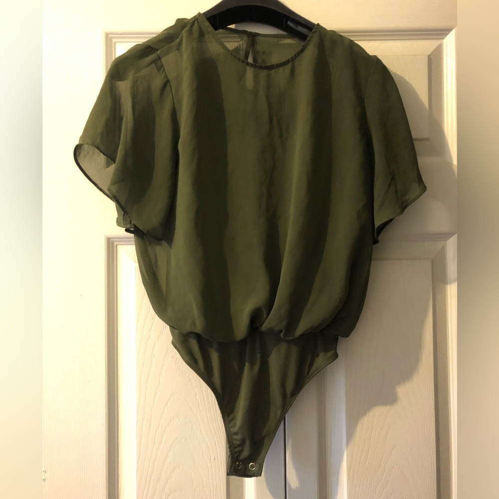 Express Olive Green Short-Sleeve Chiffon Bodysuit
